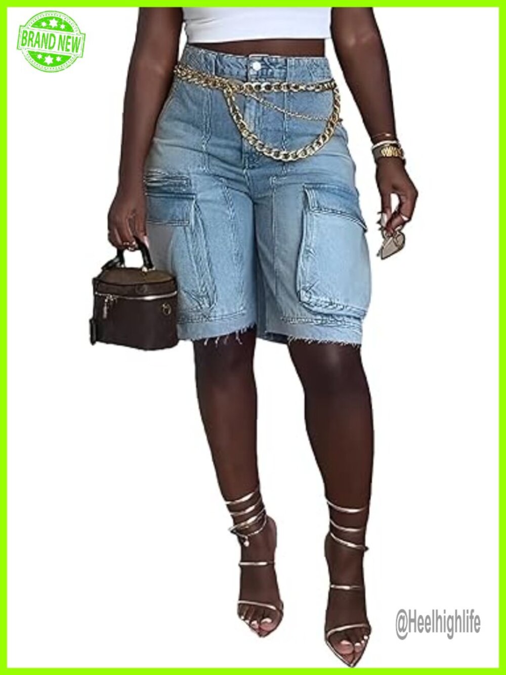 High Waisted Cargo Jean Shorts Bermuda Denim Shorts for Women Knee Length with